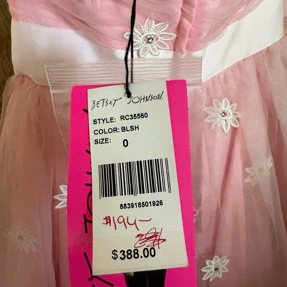 Betsey Johnson Pink Dress with White Waistband and Floral Appliqués - Picture 3 of 5